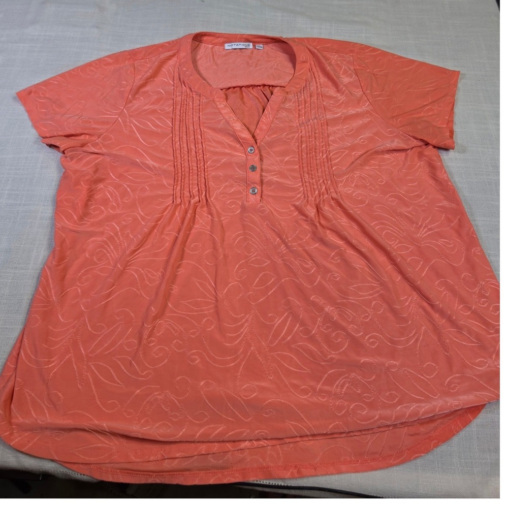 Notations Woman Coral Orange Embroidered Pintuck Henley Top NKU2189 Size 1X